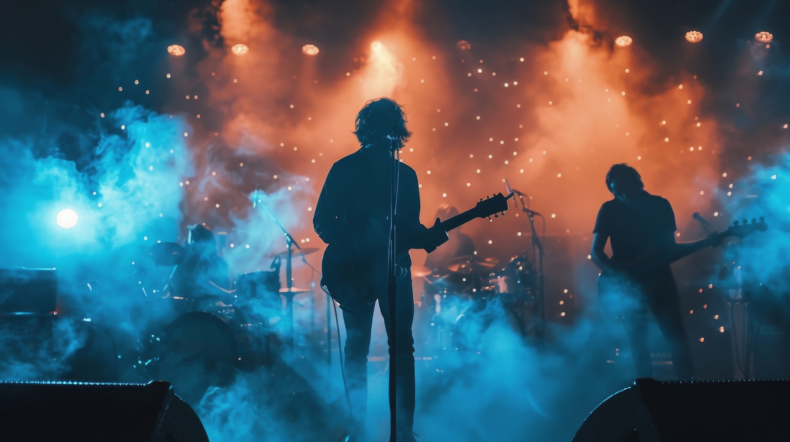 A band playing live on a smoke-filled stage